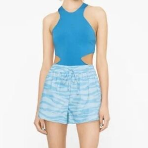Ganni Sky Blue Zebra-Stripe Drawstring Athletic Shorts
